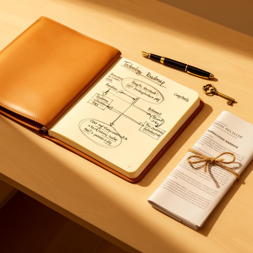 Leather folio, notebook with a hand-drawn technology roadmap, fountain pen, and a tied document on a warm wooden desk